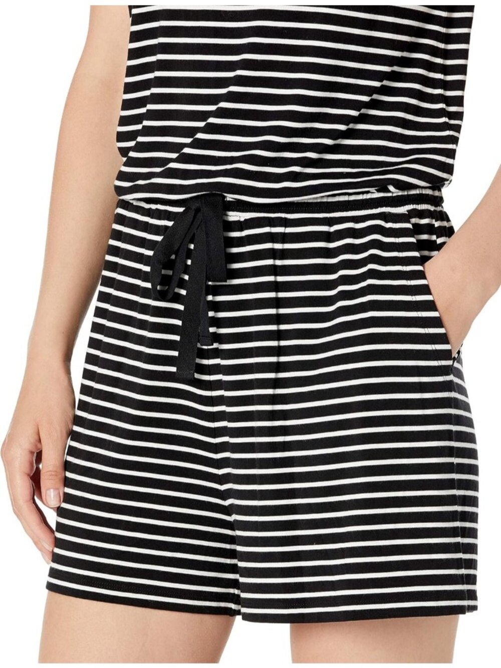 Women's Black Stripe Casual Summer Short Sleeve Scoop Elastic Waist Neck Romper - Picture 3 of 5